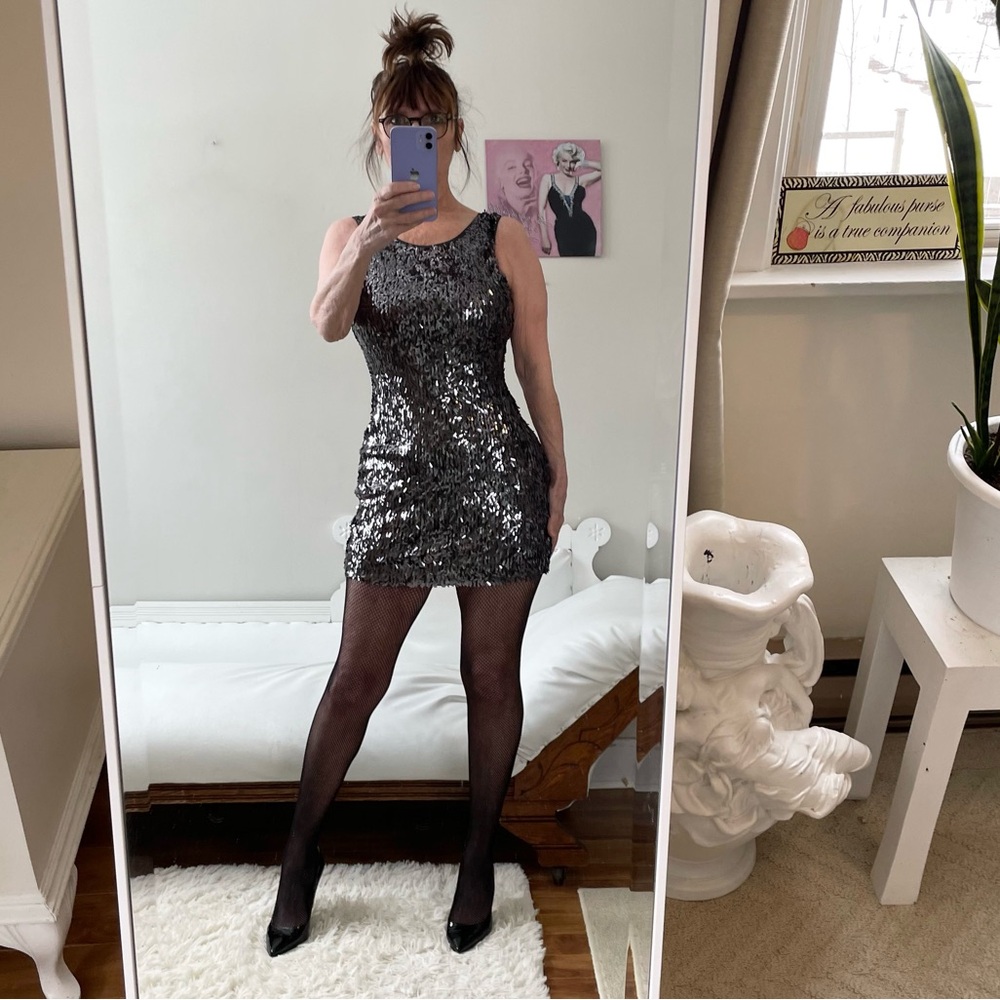 GREY SILVER RECTANGLE SEQUIN SLEEVELESS SLIP DRESS EXPOSED BACK LINED